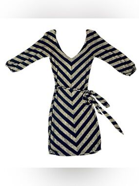 Y2K Bebe Metallic Gold & Black Chevron Stripe Tie Waist Long Sleeve Mini Dress